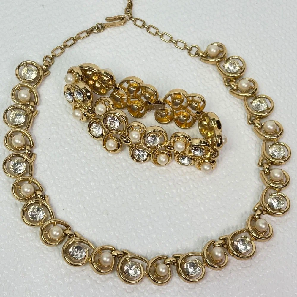 Trifari Set Gold Tone Faux Pearl Rhinestone Necklace Bracelet Vintage Costume